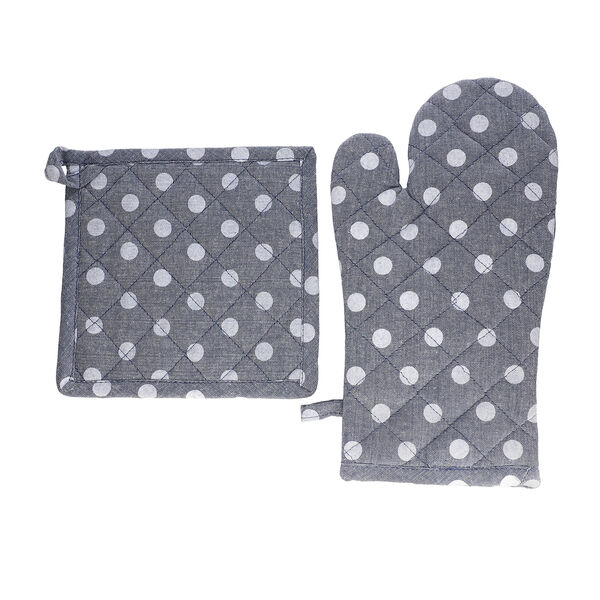 6er-Set, Topflappen (20x20cm) und Handschuhe (31x18cm), Tupfen Muster, Blau, Grau und Schwarz image number 2