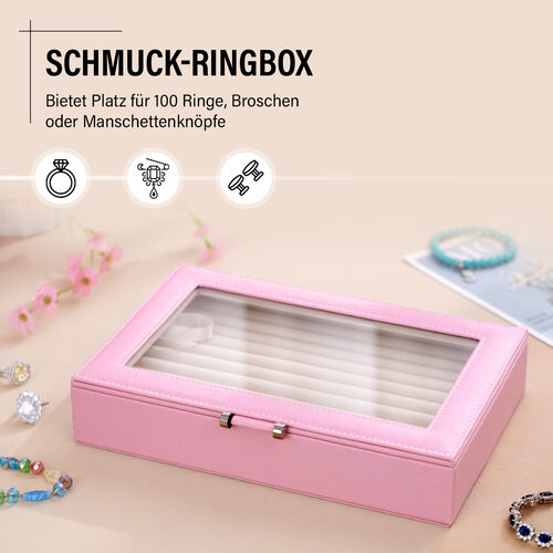 Schmuck-Ringbox aus Kunstleder mit Glasdeckel, 26,7x17,8x5,5cm, Puderrosa image number 1