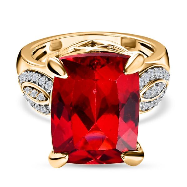 Lab Grown Padparadscha-Saphir, Wei&szlig;er Zirkon Ring, 925 Silber Gelbgold Vermeil (Gr&ouml;&szlig;e 18.00) ca. 15.37 ct