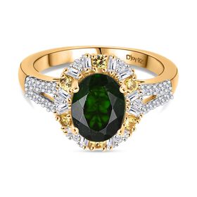 D’joy Natürlicher Chromdiopsid, Gelber Saphir Ring 925 Silber 750 Gelbgold Vermeil (Größe 21.00) ca. 2,52 ct