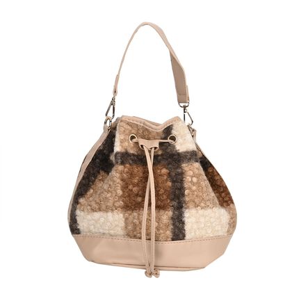 Bucket Crossbody Bag - Modische Beuteltasche mit Kordelzug, Beige Kontrast-Karo-Kunstfell, Gr&ouml;&szlig;e: 22x18x25 cm, beige
