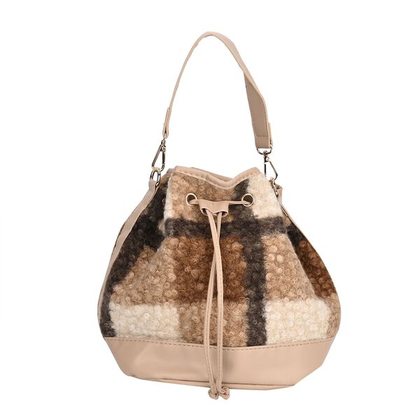 Beuteltasche aus Teddyfell, Karomuster, beige image number 0