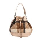 Bucket Crossbody Bag - Modische Beuteltasche mit Kordelzug, Beige Kontrast-Karo-Kunstfell, Größe: 22x18x25 cm, beige