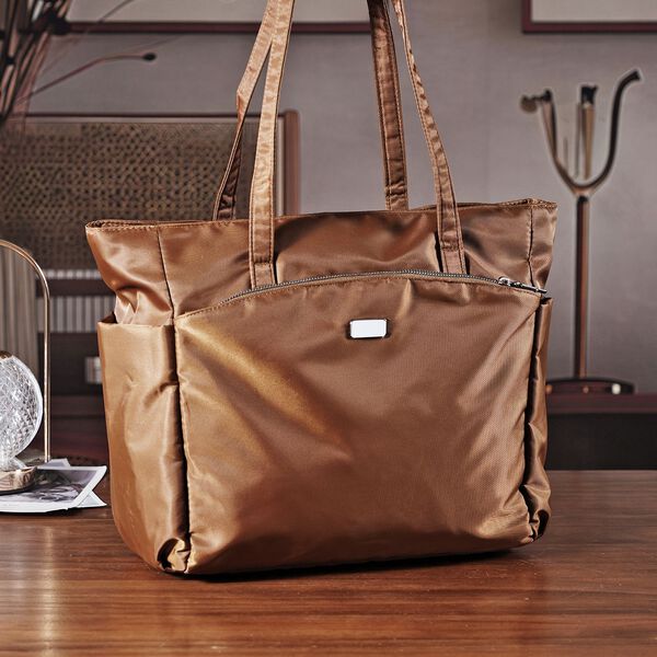 Signature Handtasche, edles Nylon Design mit 3 Rei&szlig;verschluss Taschen und 2 offenen Au&szlig;entaschen, 30x30x10cm, Gold image number 1