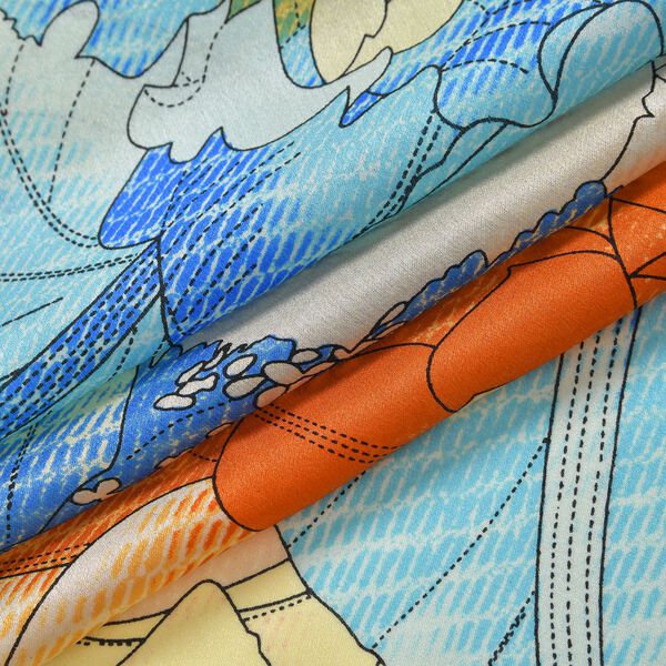 LA MAREY - Seidenschal aus 100% Maulbeerseide, blau-orangene Blumenmuster image number 3