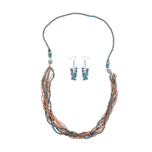 2er Set mehrschichtiger Halsketten und Ohrringe, Blaue, braune und champagnerfarbene Kristallperlen und wei&szlig;e Kristalle