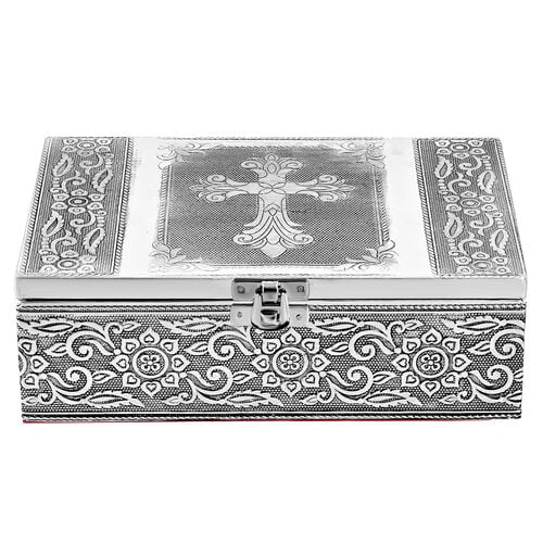 2er-Set – Oxidierte 20x13,5x7cm Aluminium-Schmuckbox und 16x9,5x3,8cm Perlen-Box, Kreuzprägung, Silber und Weiß image number 1
