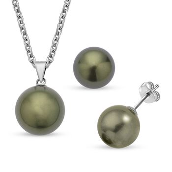 2er Set -Gr&uuml;ne Muschelkernperlen-Anh&auml;nger und Ohrringe, 925 Silber rhodiniert und Edelstahl