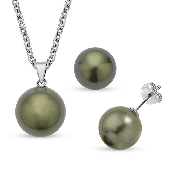 2er Set, Gr&uuml;ne Muschelperlen-Anh&auml;nger mit 50 cm Kette und Ohrringe- 45 Ct.