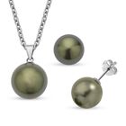2er Set -Grüne Muschelkernperlen-Anhänger und Ohrringe, 925 Silber rhodiniert und Edelstahl