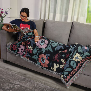 100% Baumwolle, handgewebte Jacquard-H&auml;keldecke mit Fransen, Blumenmuster, Gr&ouml;&szlig;e 50x60 cm, Schwarz