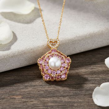 Wei&szlig;e S&uuml;&szlig;wasser Perle (8-10 mm), Rosa Zirkonia Schmuckset ca. 50 cm + 5 cm Extender, Nickelfreies Messing, Reines Kupfer vergoldet