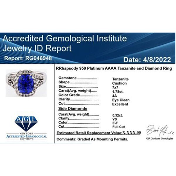 RHAPSODY zertifiziert und gepr&uuml;ft AAAA Tansanit und Diamant Ring in 950 Platin - 2,10 ct. image number 5