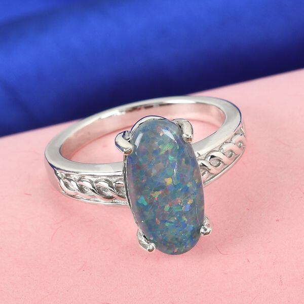 Boulder Opal Triplett  Solitär Ring 925 Silber Platin-Überzug image number 7