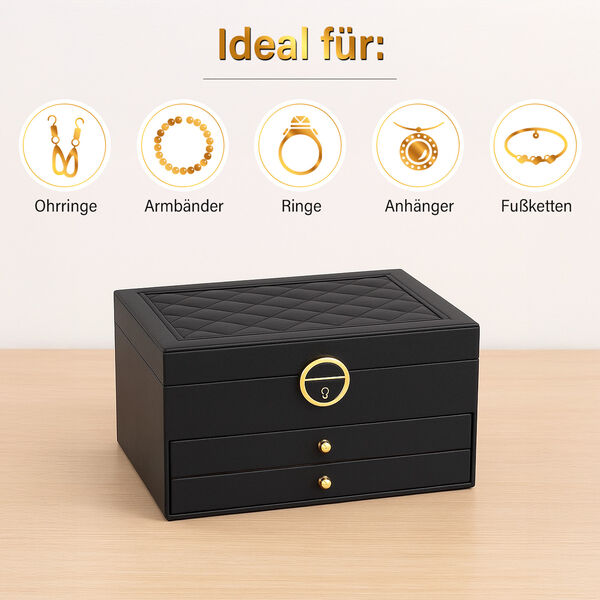 3-lagige Schmuckbox aus PU mit Diamantmuster und 5 Silberpoliertücher, schwarz image number 4