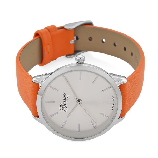 GENOA TIME V2 - Quarzuhr mit japanischem PC21S Werk, wei&szlig;em Zifferblatt und orangem Lederarmband, Edelstahl Geh&auml;use, 3 ATM wasserdicht image number 5