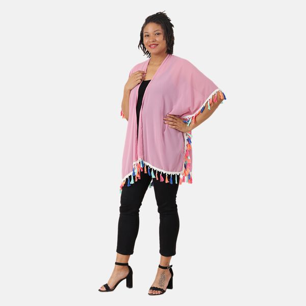 Chiffon Kimono mit mehrfarbigen Quasten, Einheitsgr&ouml;&szlig;e, Hellrosa image number 2