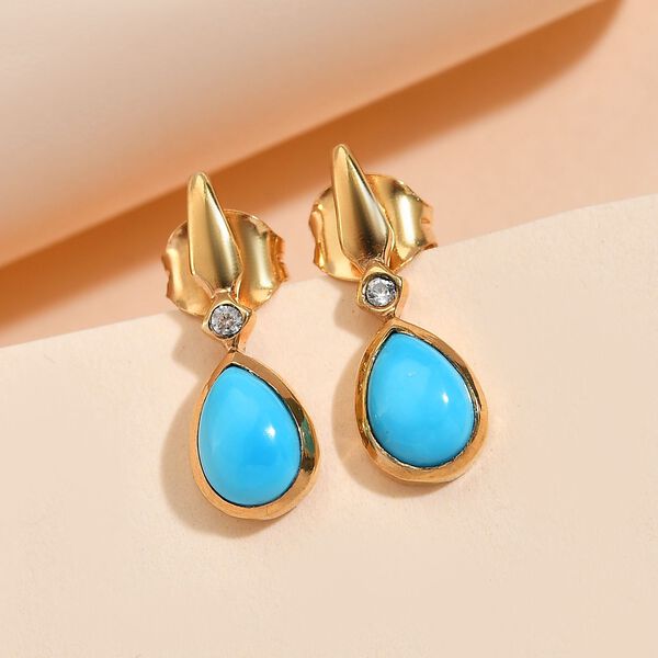 Amerikanische, nat&uuml;rliche Sleeping Beauty T&uuml;rkis und wei&szlig;e Zirkon-Ohrringe, 925 Silber vergoldet ca. 1,50 ct image number 2