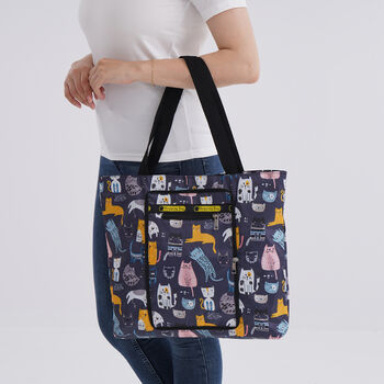 Faltbare Einkaufstasche aus wasserabweisendem Polyester, Katzendesign, 40x43 cm, Tragegriffe 22 cm, Mehrfarbig