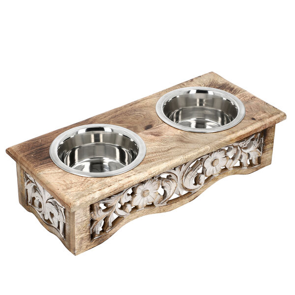 NAKKASHI handgeschnitzter Futternapf aus Mangoholz mit Edelstahl-Sch&uuml;sseln, hellbraun