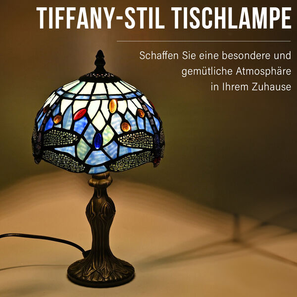 Handgefertige Tiffany-Stil Tischlampe, Buntglas, Blaue Lilie image number 2