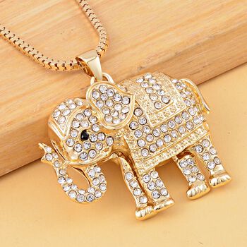 Wei&szlig;er und schwarzer Kristall-Elefanten-Anh&auml;nger mit Kette in Goldton, 73 cm