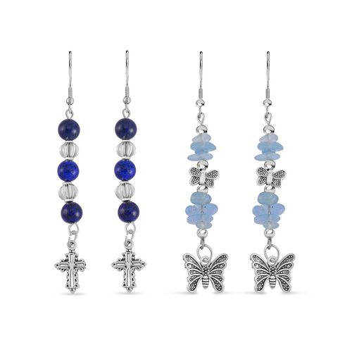 Lapislazuli, Aquamarin Schmuckset Reiner Edelstahl Schwarz oxidiert und Legierung Schwarz oxidiert ca. 88.50 ct image number 0