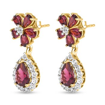 Rhodolith Granat und floraler Zirkon-Halo-Ohrh&auml;nger, 925 Silber vergoldet, 6,57 ct.