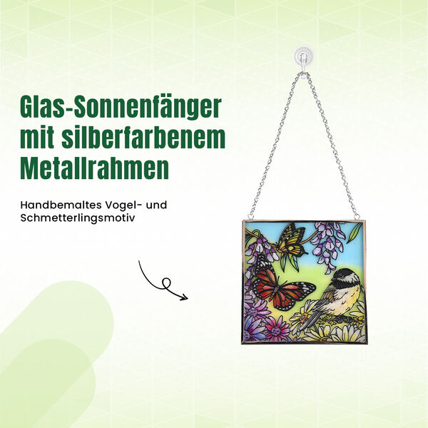 Handbemalter Glas-Sonnenf&auml;nger, Vogel-und-Schmetterling-Design, 11,5&times;11,5cm, Mehrfarbig image number 2