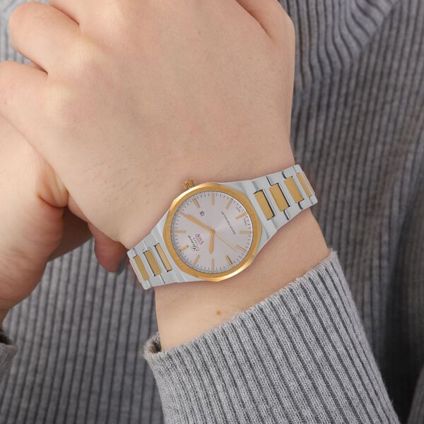 GENOA - Japanisches Uhrwerk, Weißes Sonnenschliff-Zifferblatt mit Balkenindexen, Reiner Edelstahl mit Faltschließe, Bicolor, 20 cm image number 3