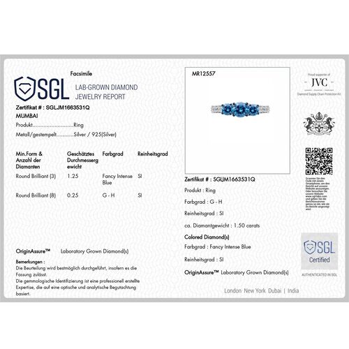 Lab Grown Blauer Diamant SI Ring 925 Silber rhodiniert (Größe 17.00) ca. 1,50 ct image number 7