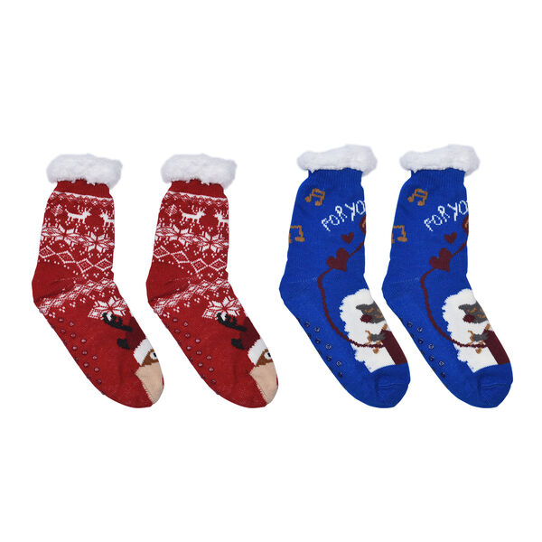 2er-Set - 2 Paar rutschfeste Haus Socken mit warmem Sherpa Futter, Einheitsgr&ouml;&szlig;e Weihnachtsmotiv, Rot und Blau&nbsp;