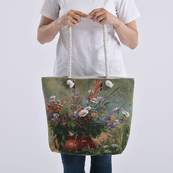 Jacquardgewebte Tasche aus Jute, 42x37x34 cm, Blumenmuster image number 3
