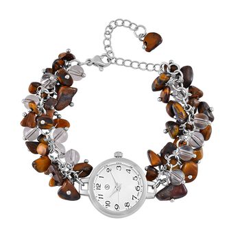 Strada Tigerauge-Perlenuhr, Japanisches Uhrwerk, Legierungsgeh&auml;use, Wei&szlig; mit schwarzen Ziffern