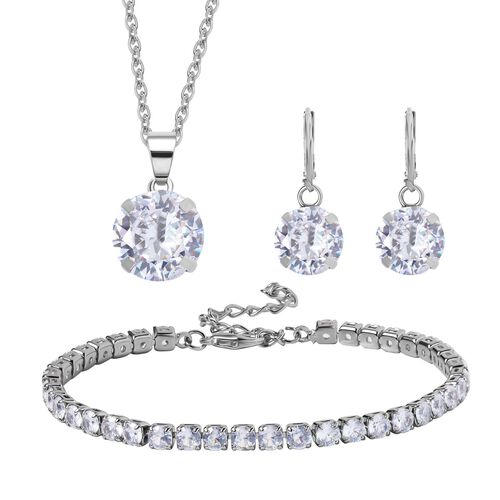3er Set - Weißer Kristall Armband, Ohrringe und Anhänger mit Kette, Reiner Edelstahl, Messing, silberfarben image number 0