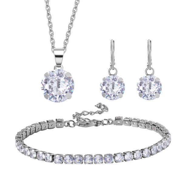 3er Set - Wei&szlig;er Kristall Armband, Ohrringe und Anh&auml;nger mit Kette, Reiner Edelstahl, Messing, silberfarben