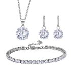 3er Set - Weißer Kristall Armband, Ohrringe und Anhänger mit Kette, Reiner Edelstahl, Messing, silberfarben