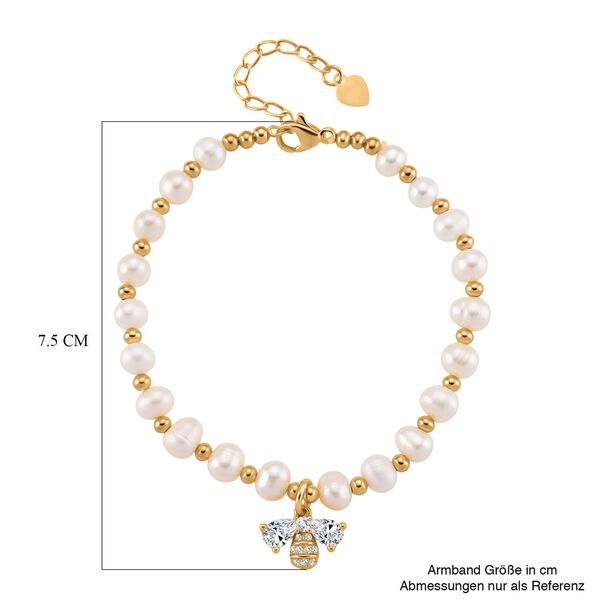 Weiße Süßwasser Perle, Zirkonia Armband ca. 18cm + 5cm Extender, Nickelfreies Messing gelb vergoldet image number 6