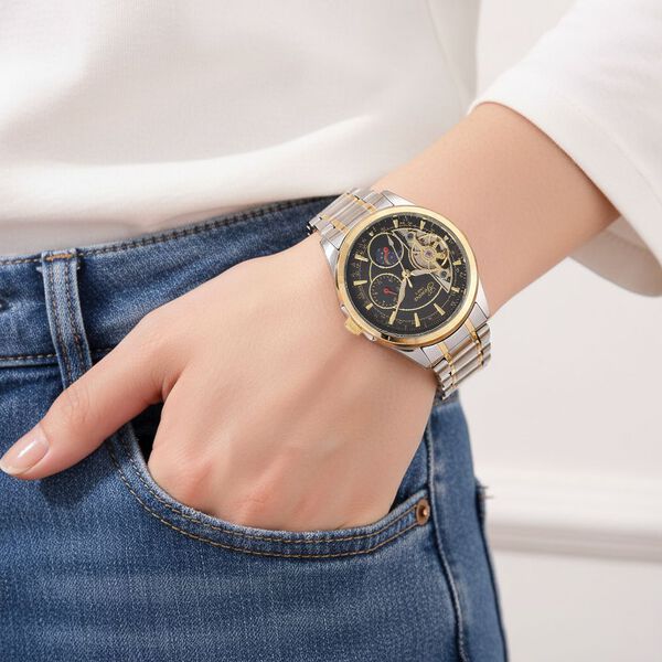 GENOA TIME V2 - Automatik-Armbanduhr, Mechanisches Uhrwerk, Edelstahlarmband, bicolor, Schwarzes Zifferblatt image number 3