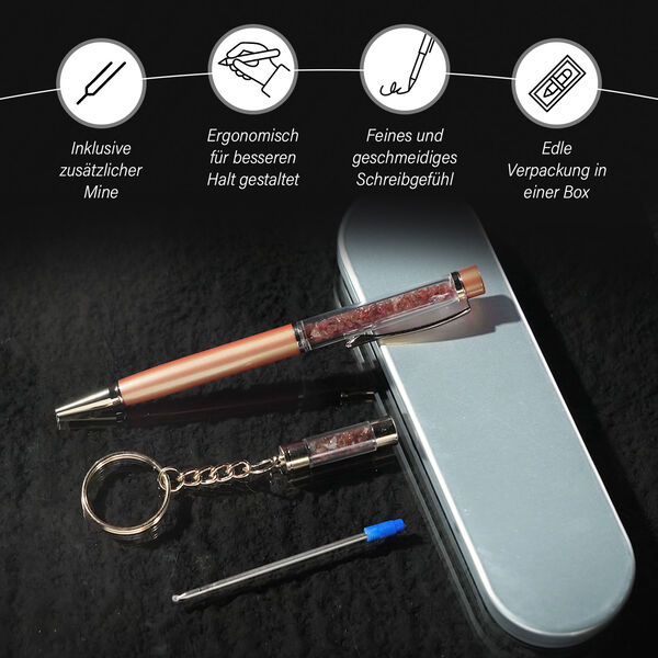 Premium Kollektion - Edelstein Kugelschreiber mit Schlüsselanhänger und Extra-Mine, Feueropal image number 4