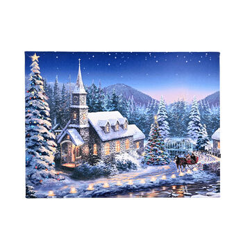 LED-Leinwandbild Winterdorf mit Kirche, mit 5 warmwei&szlig;en LEDs und 30 Lichtfasern, 30x40x1,8cm