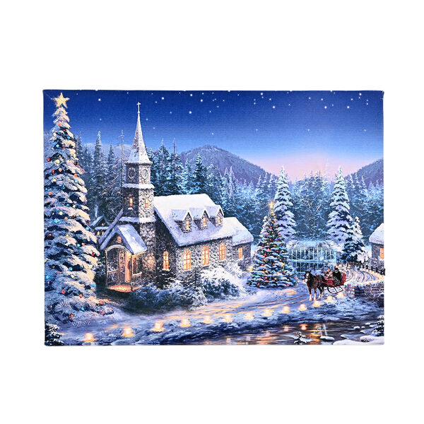 LED-Leinwandbild Winterdorf mit Kirche, mit 5 warmwei&szlig;en LEDs und 30 Lichtfasern, 30x40x1,8cm