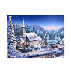 LED-Leinwandbild Winterdorf mit Kirche, mit 5 warmweißen LEDs und 30 Lichtfasern, 30x40x1,8cm LED-Leinwandbild Winterdorf mit Kirche, mit 5 warmweißen LEDs und 30 Lichtfasern, 30x40x1,8cm