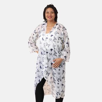Langer, gemusterter Chiffon Cardigan, One Size, Schmetterling Muster, Wei&szlig; und Dunkelblau