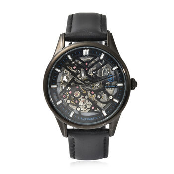 Genoa - Goldfarbene Automatikuhr, transparentes Ziffernblatt, echtes Leder-Armband, wasserdicht bis 5 ATM, Edelstahl IP-Schwarz-Plattierung