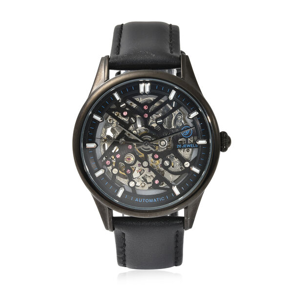 Genoa - Goldfarbene Automatikuhr, transparentes Ziffernblatt, echtes Leder-Armband, wasserdicht bis 5 ATM, Edelstahl IP-Schwarz-Plattierung