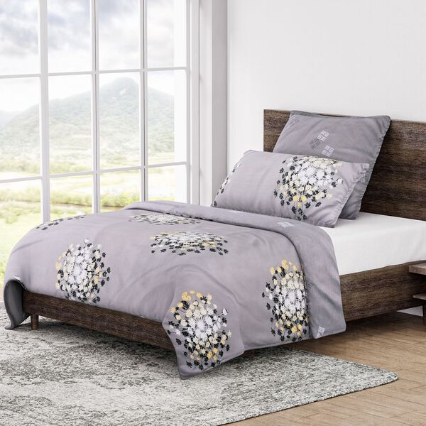 6-tlg. Bettw&auml;sche-Garnitur mit doppelseitigem Druck, Floralmuster, grau