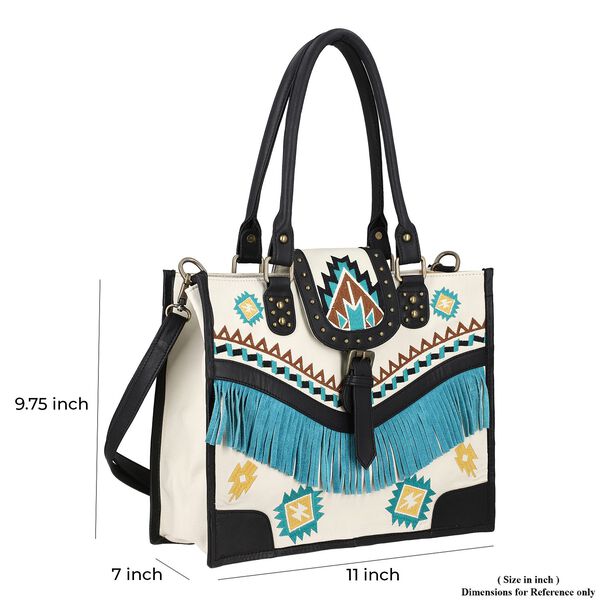 Handgefertigte Umhängetasche aus Echtleder mit Stickerei, Fransen und geometrischem Muster, Magnetverschluss, 28x24x18cm, Weiß image number 8