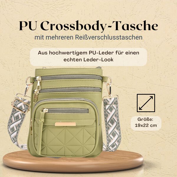 Crossbody-Tasche mit mehreren Fächern, 19x22?cm, Minzgrün -Grau mit gemustertem Schultergurt, Minzgrün
