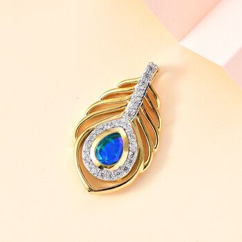 Pfau Quarz Triplette, Wei&szlig;er Zirkon Anh&auml;nger 925 Silber 750 Gelbgold Vermeil ca. 1.98 ct